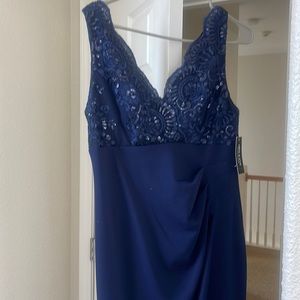 Navy blue long dress with tail on the back size 10